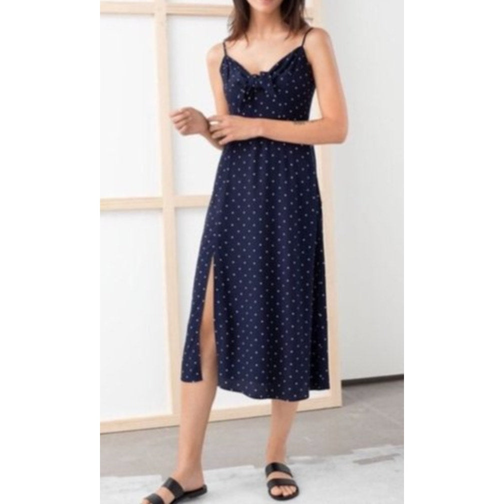 & Other Stories Tie Front Midi Polka Dot Slip Dress Navy Blue 4