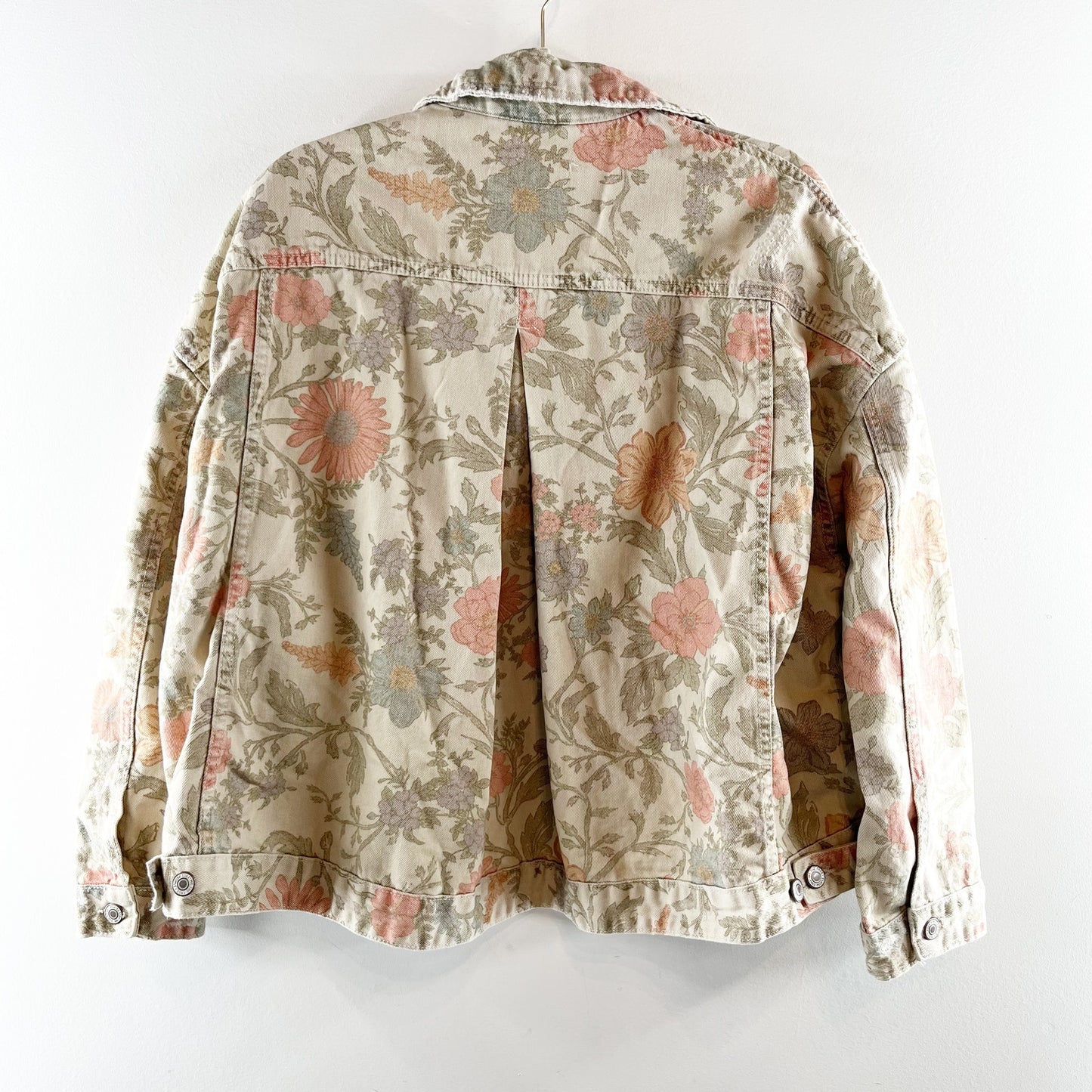 Free People Opal Floral Denim Trucker Jean Jacket Tan Beige Pink Small