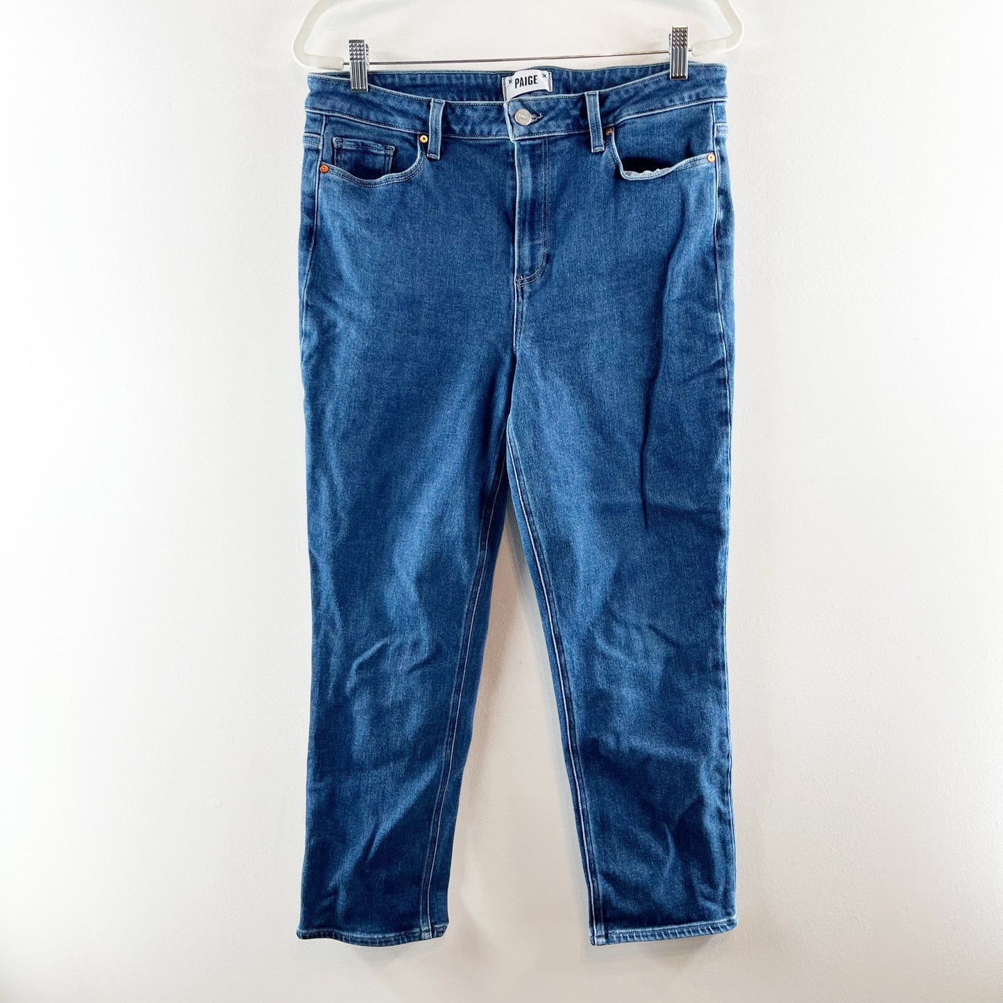 Paige High Rise Cindy Straight Ankle Jeans in California Wash Blue 32 / 14
