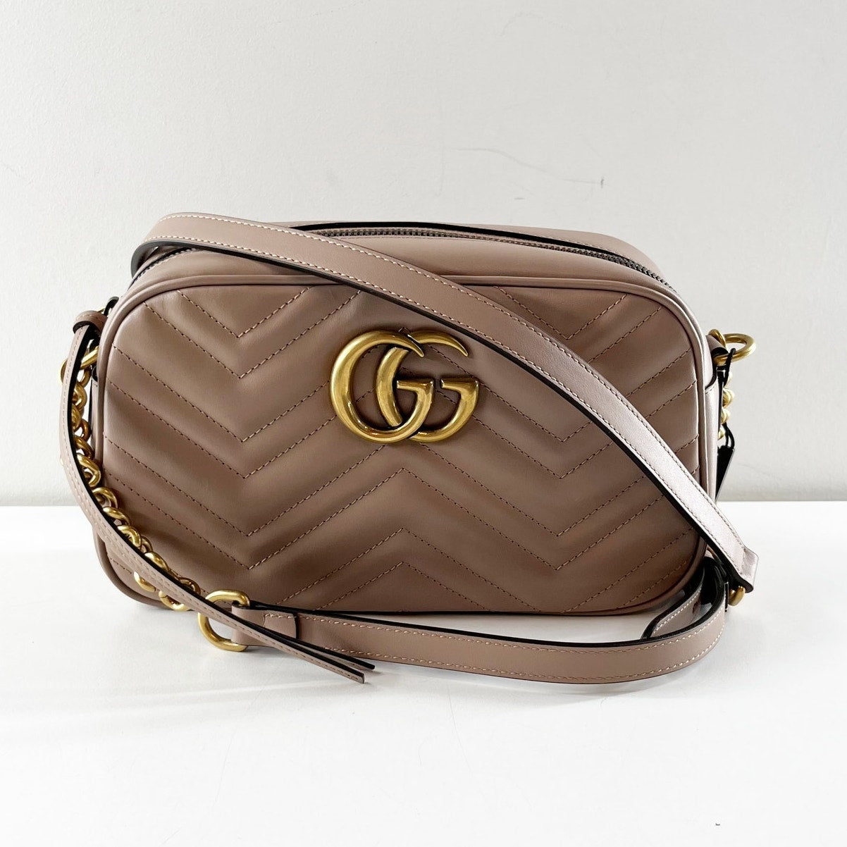 Gucci GG Marmont Chevron Camera Crossbody Bag Purse Porcelain Rose Lion Trap