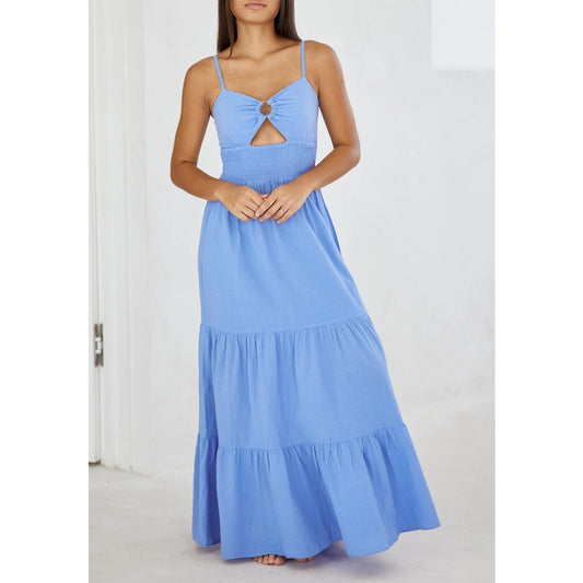 Blanco by Nature Nora Smocked Waist Tiered Cutout Maxi Dress Azure Blue Medium