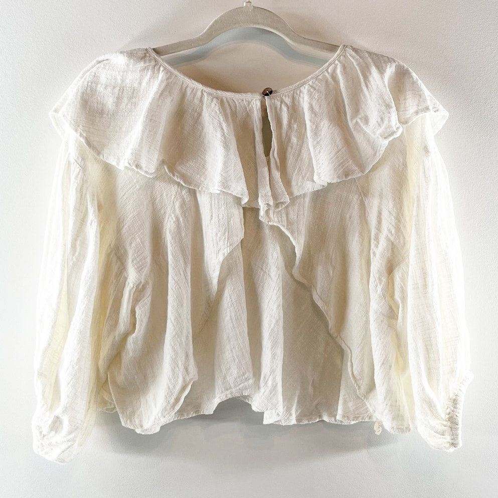 Free People Zuri Ruffle Trim 3/4 Sleeve Open Back Cropped Blouse Top Ivory Small