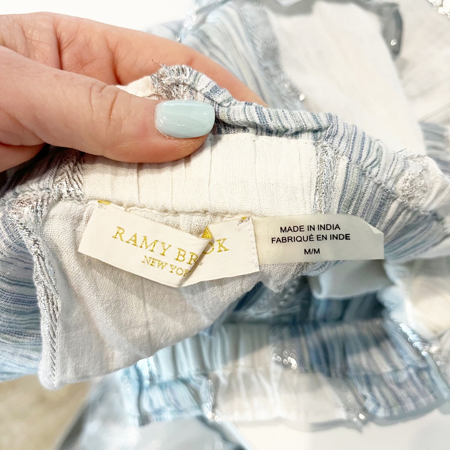 Ramy Brook Alba Faded Two Tone Metallic Fringe Mini Skirt Blue White Medium