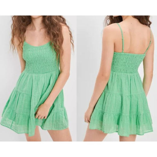 American Eagle 100% Cotton Sweetheart Neck Smocked Tiered Mini Dress Green XS