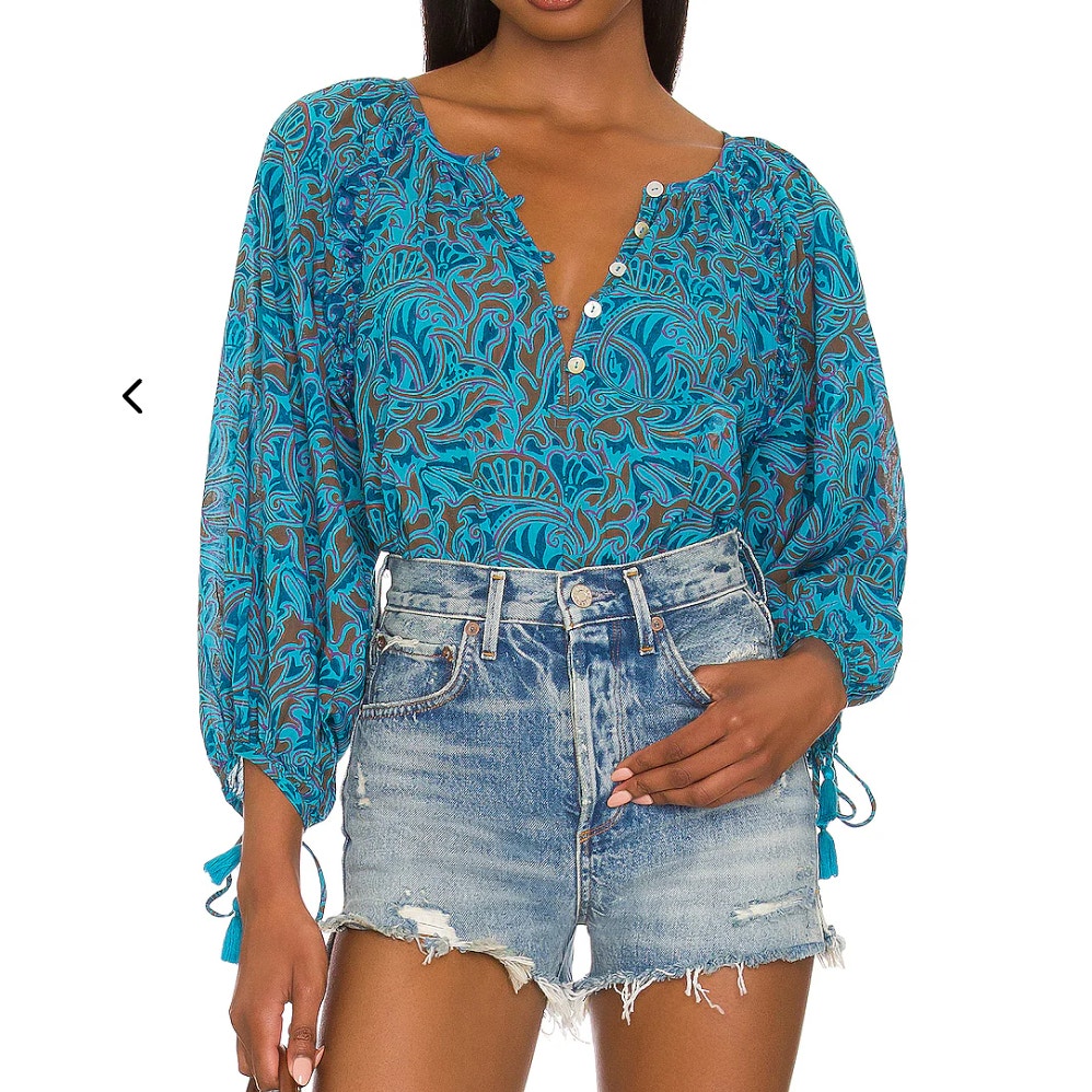 Cleobella Jayda 3/4 Sleeve Blouse in Zuri Block Print Teal Turquoise Green Blue