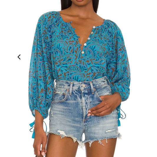 Cleobella Jayda 3/4 Sleeve Blouse in Zuri Block Print Teal Turquoise Green Blue