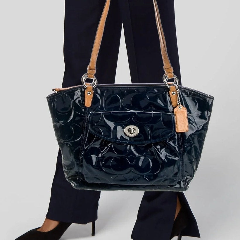 Coach Leah Black Embossed Patent Leather Signature Tote Handbag Purse
