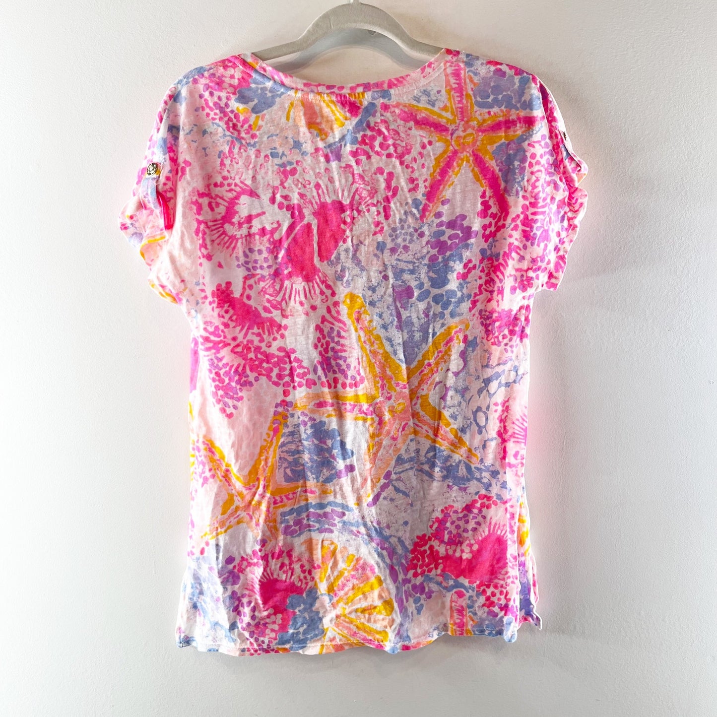 Lilly Pulitzer Inara Short Sleeve Linen Tee Shirt Top Pink Orange Medium