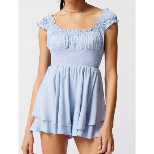 Urban Outfitters Rosie Smocked Cap Sleeve Mini Romper Blue XS