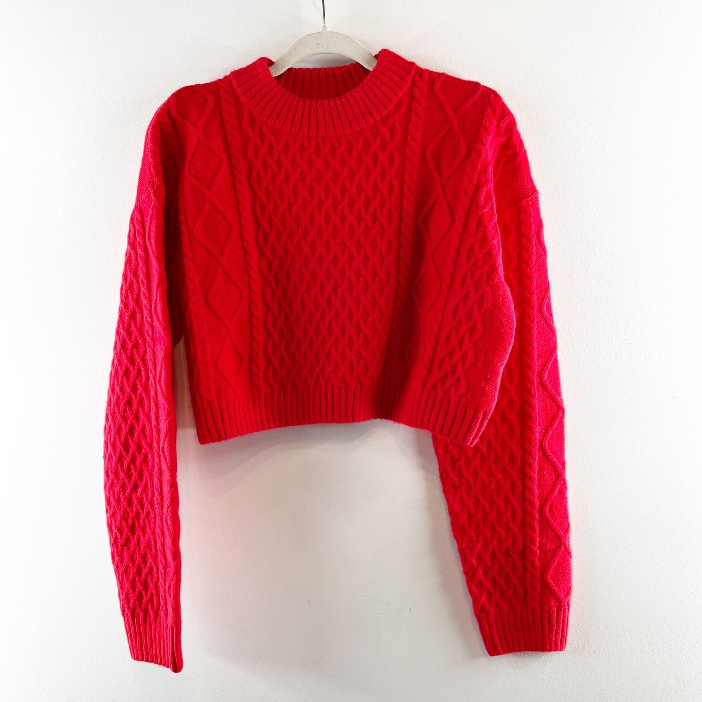 H&M Long Sleeve Cropped Cable Knit Crewneck Jumper Sweater Red Small