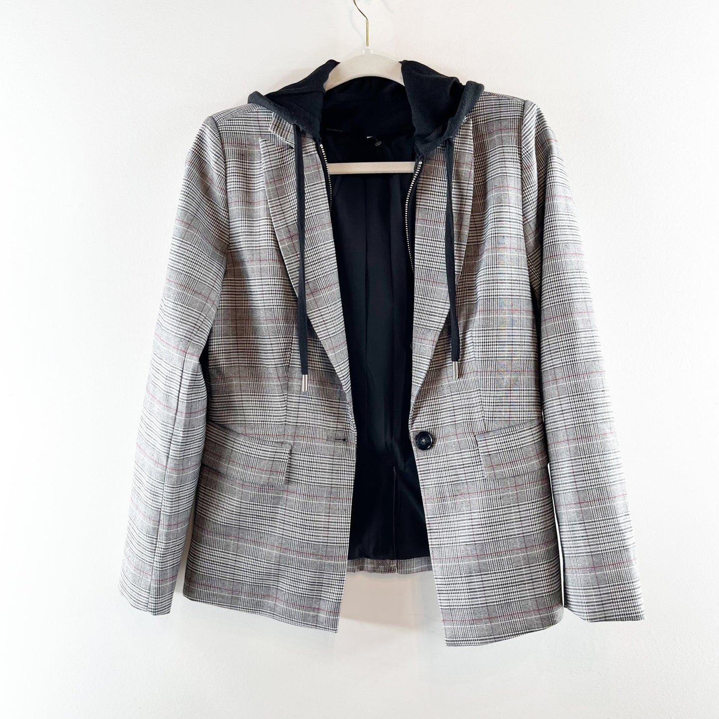 Evereve Dawson Plaid Single Breasted Hooded Dickie Blazer Jacket Gray XS