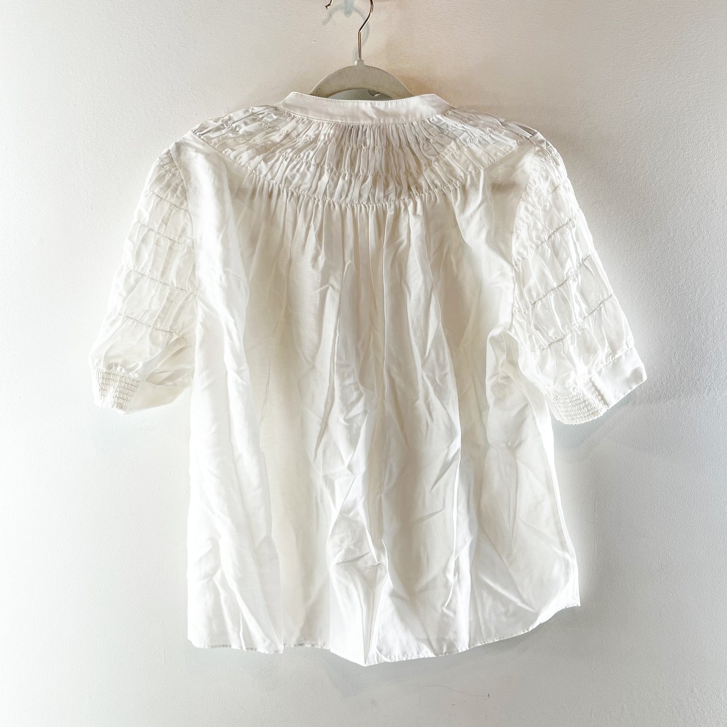 AYR Love Spell Shirred High Neck Elbow Length Cotton Silk Top Blouse White Small