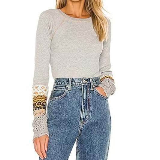 Free People in The Mix Long Sleeve Waffle Thermal Top Gray XS