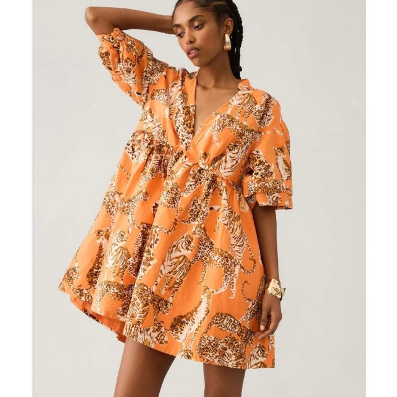 Anthropologie Maeve V-Neck Tunic Dress in Orange Tiger Print Large Petite