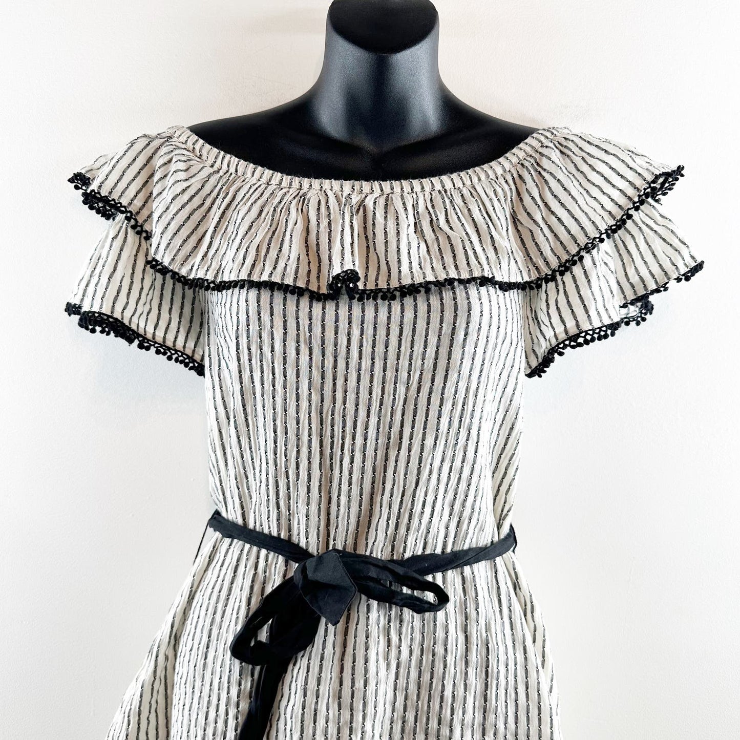 ZARA Ruffle Off The Shoulder Striped Cotton Mini Dress Black White XS