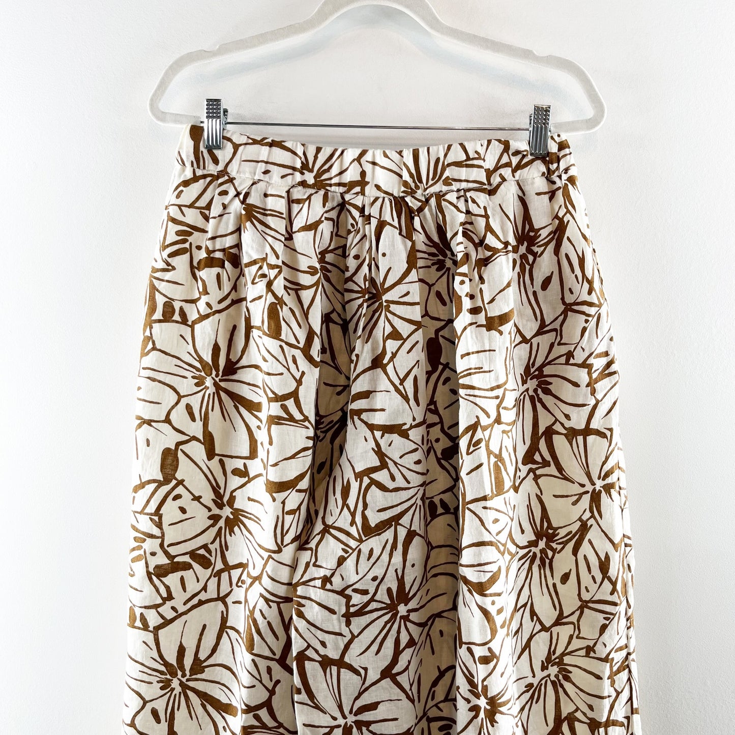 Magaschoni Linen Floral Pull On High Waisted Cropped Wide Leg Pants Brown Large
