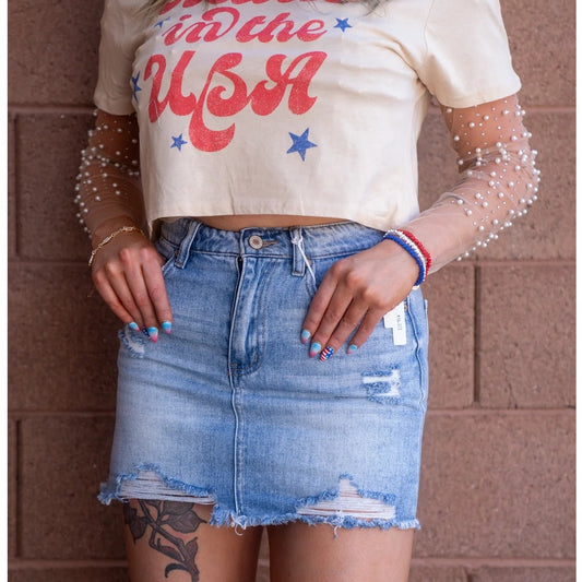 KanCan High Waisted Frayed Hem Distressed Denim A-Line Mini Skirt Blue Large