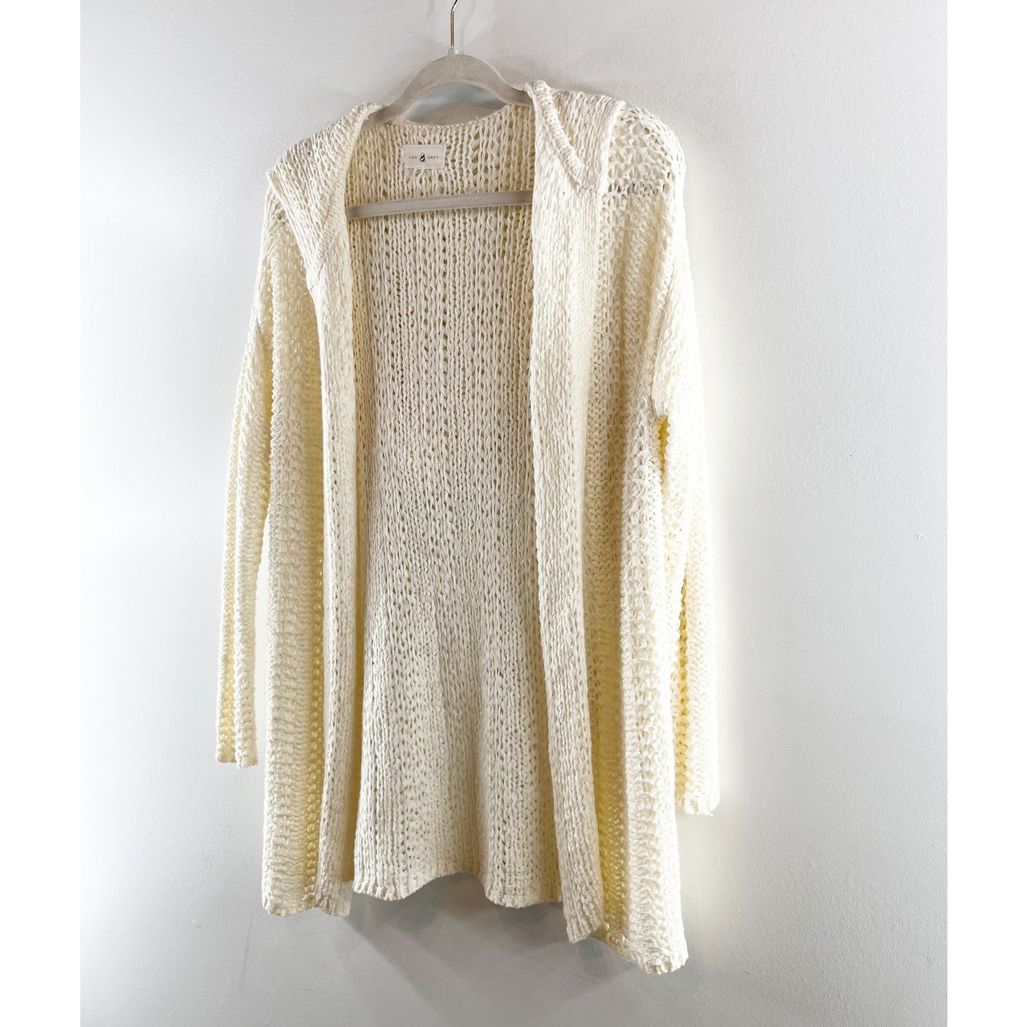 Lou & Gray Long Sleeve Crochet Knit Hooded Duster Cardigan Sweater Cream XS