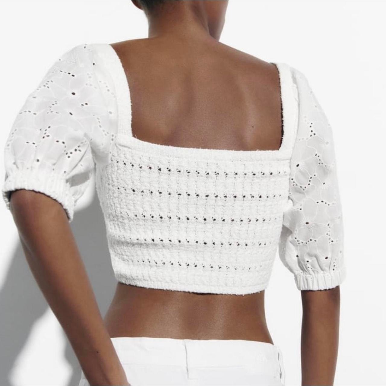 Zara Pointelle Eyelet Balloon Sleeve Square Neck Crop Top White Medium