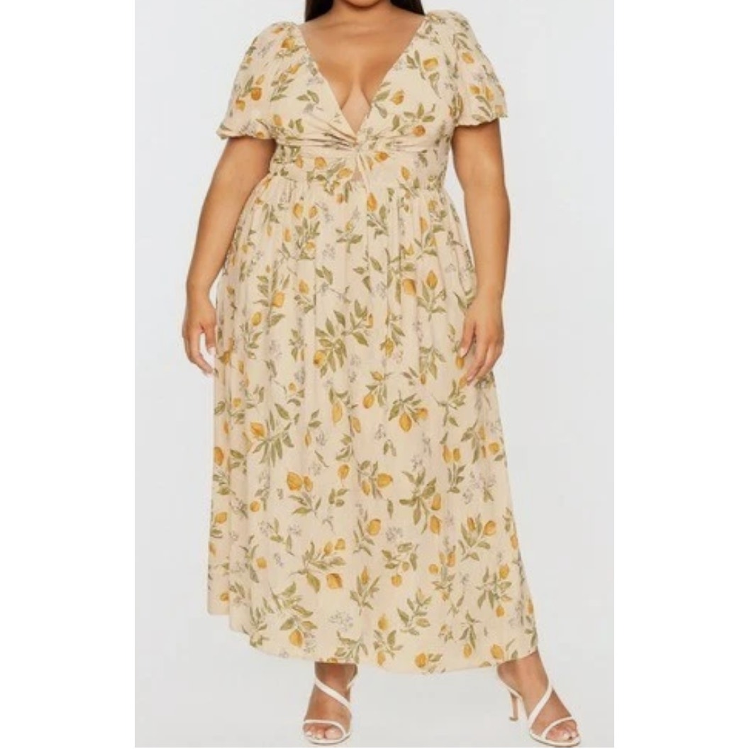LEA Lemon Print Puff Sleeve Twist Front Smocked Maxi Dress Beige Yellow 2X