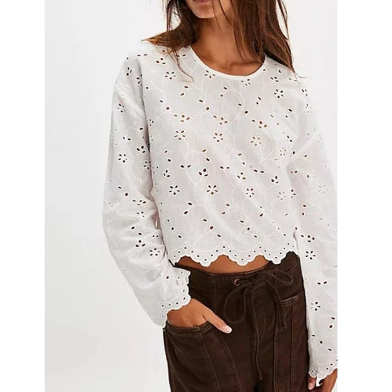 Free People Emma Eyelet Long Sleeve Scalloped Hem Blouse Top White Small