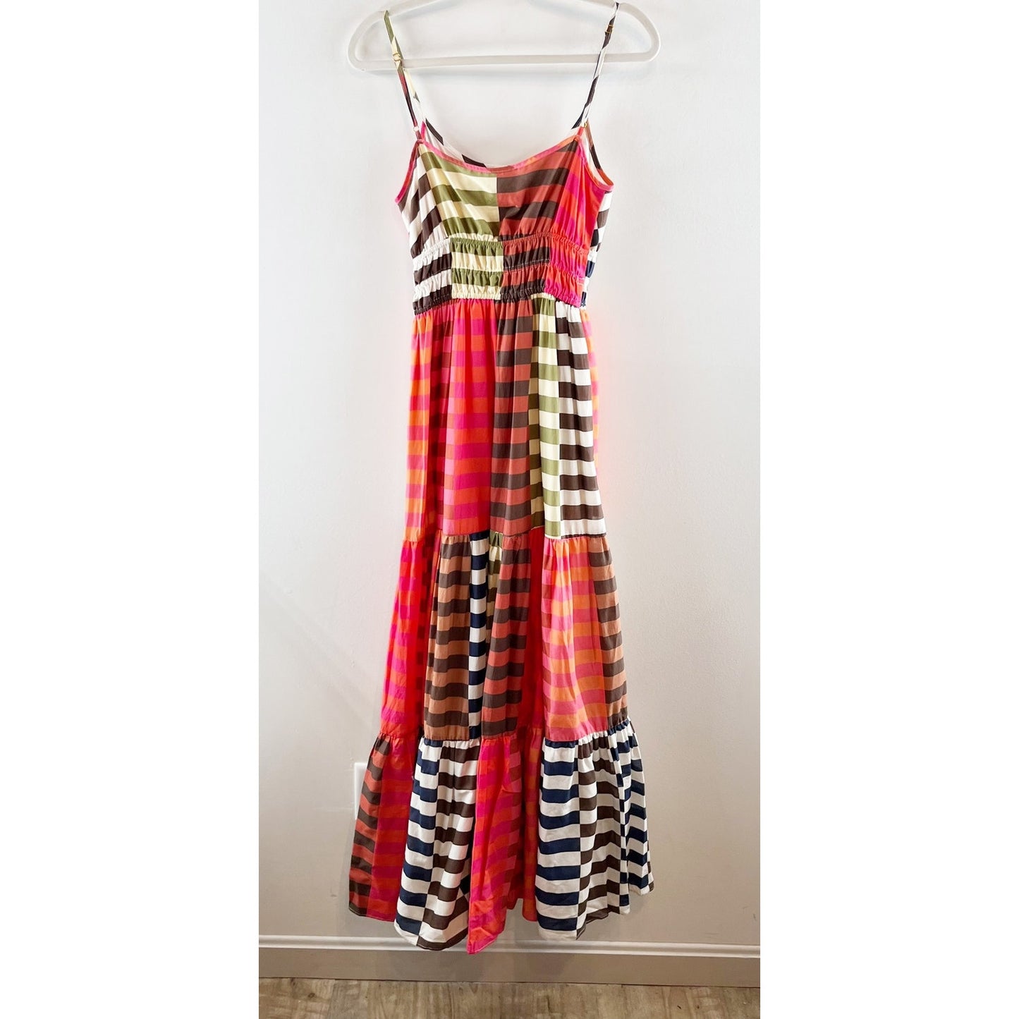Hutch Silvana Tiered Striped Colorblock Maxi Dress Pink Multi Small
