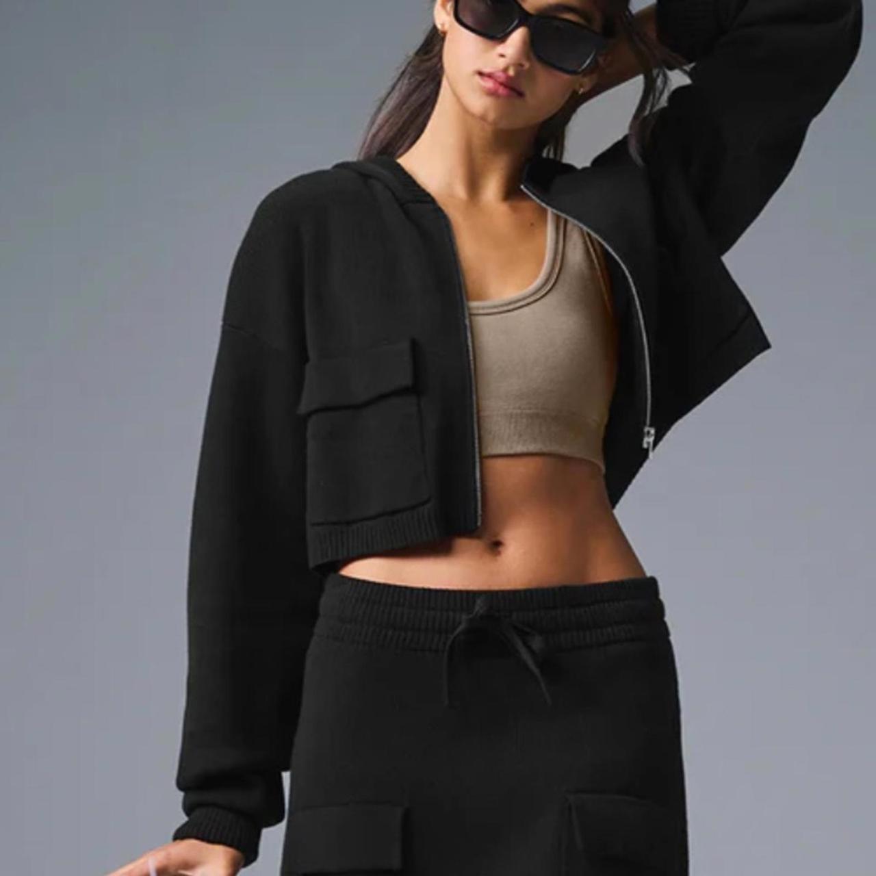 Alo Scholar Knit Cargo Full Zip Cropped Long Sleeve Cardigan Sweater Jacket XS