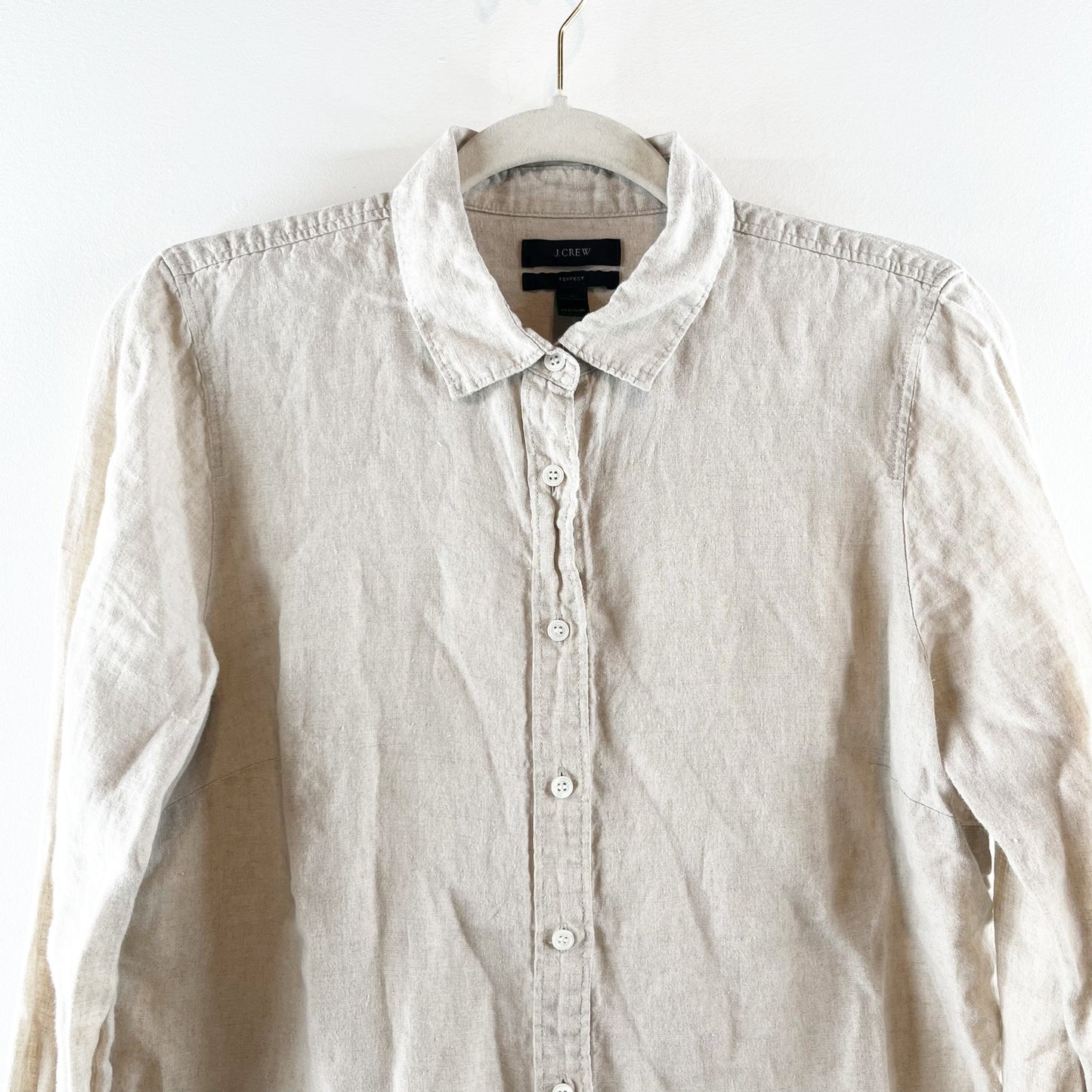 J. Crew Perfect 100% Linen Long Sleeve Collared Button-Up Shirt Beige 12 Petite