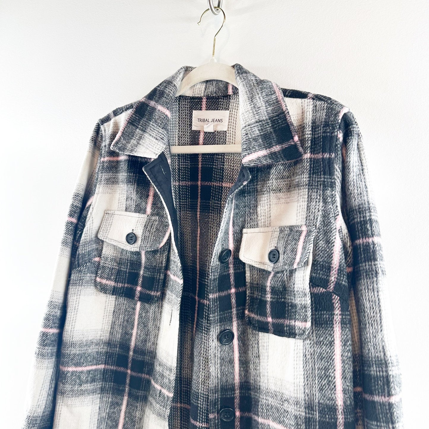 Tribal Jeans Plaid Button Up Oversized Jacket Shacket Blue Pink Small