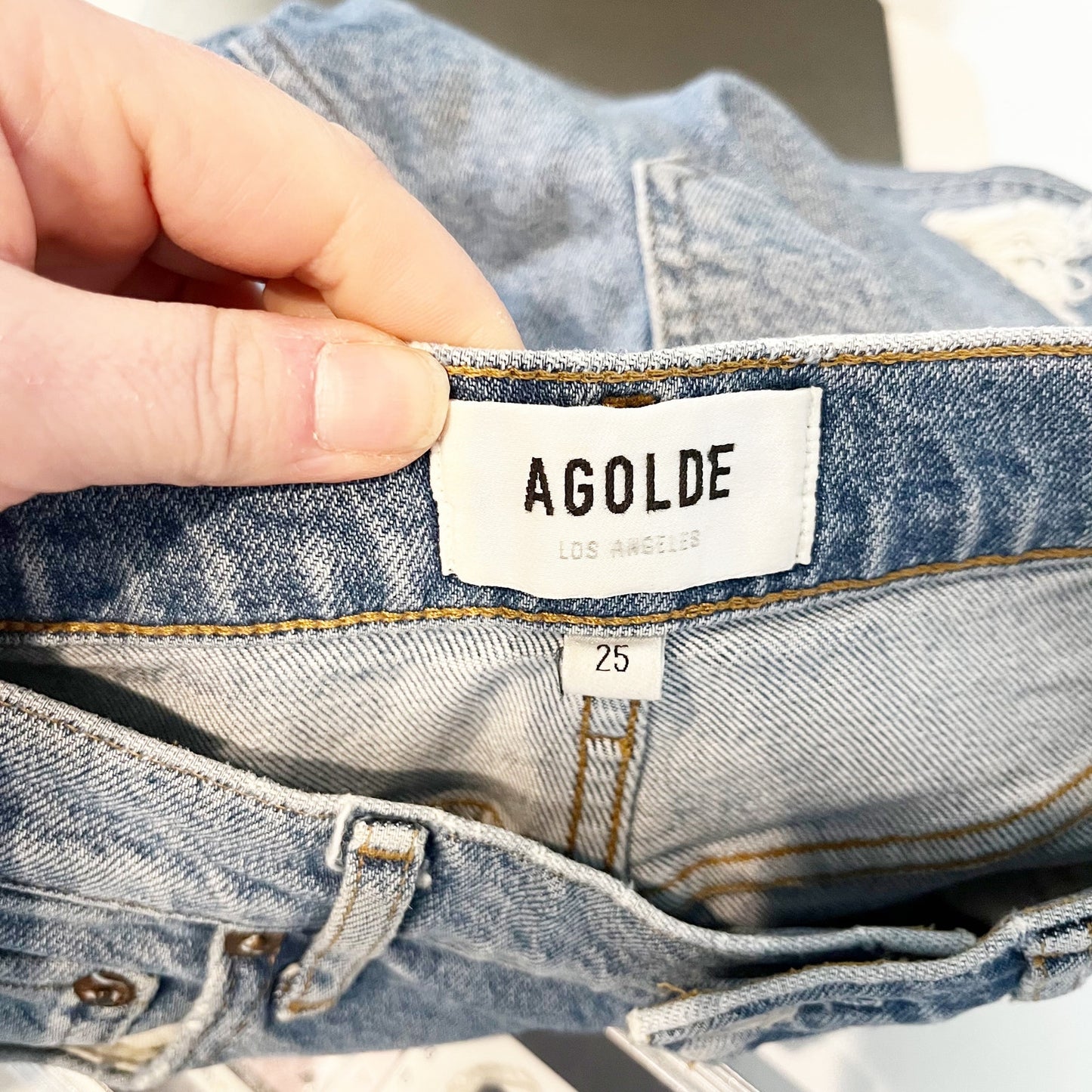 AGOLDE Riley Mid Rise Button Fly Busted Knees Straight Leg Jeans Blue 25