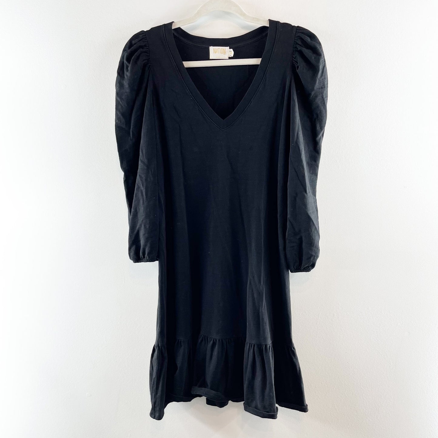Nation LTD Danika Puff Sleeve Cotton Flounce Hem Mini Dress Black