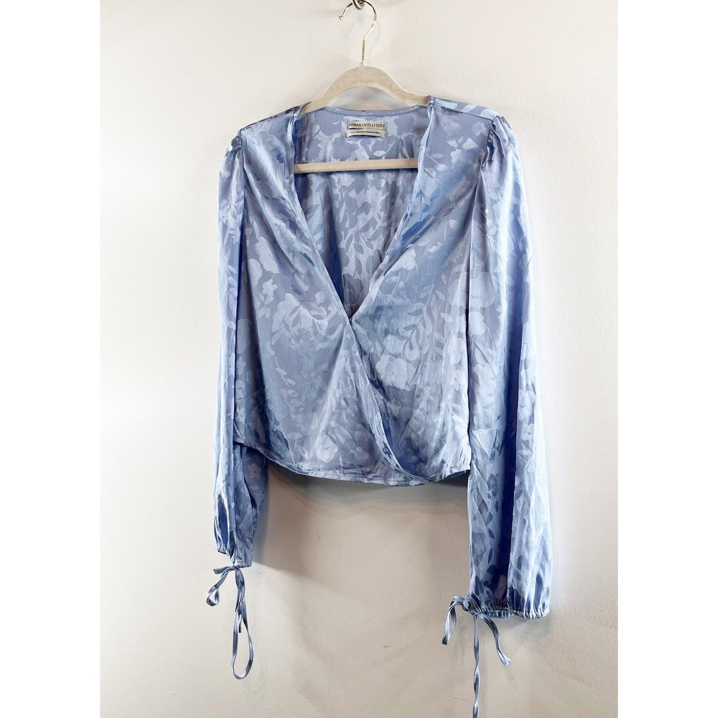 Urban Outfitters Audrina Plunge Wrap Jacquard Balloon Sleeve Blouse Blue Small