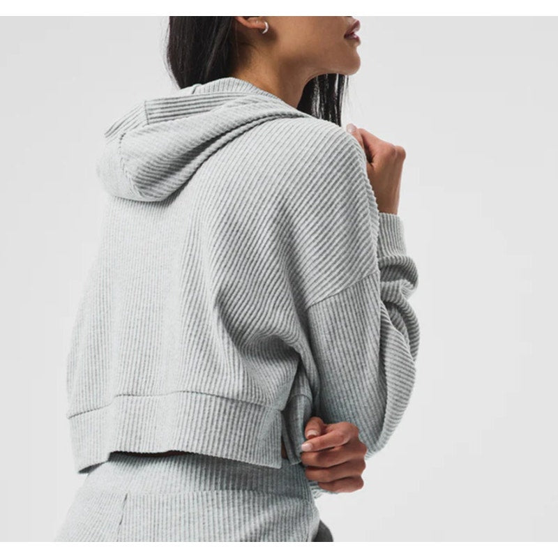 Alo Muse Long Sleeve Ribbed Knit Cropped Lounge Hoodie Athletic Heather Grey XS