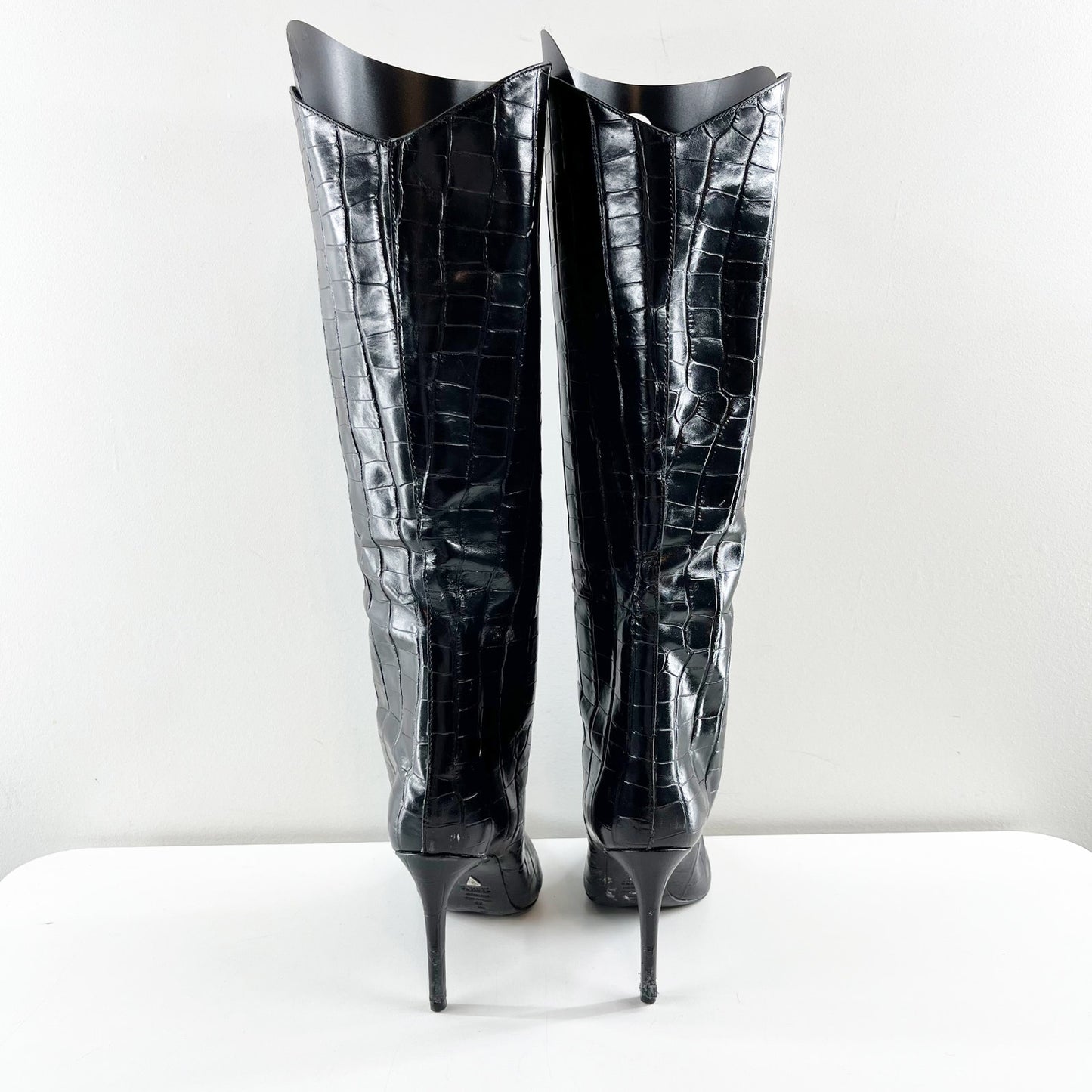 Shutz Maryana Knee High Croc Embossed Stiletto Heel Boots Black 6