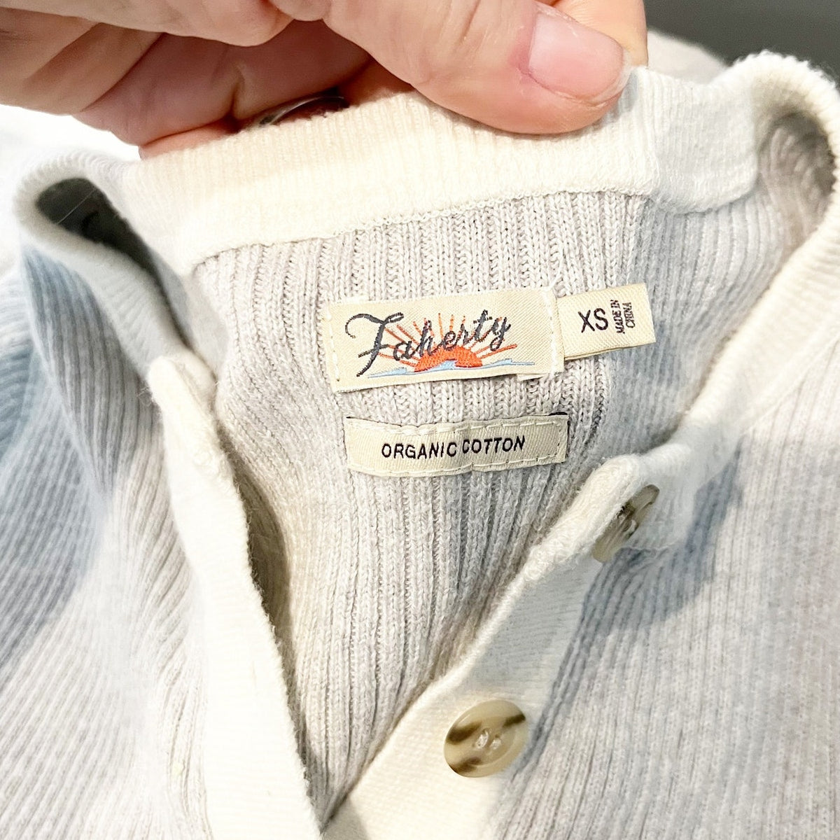 Faherty Mikki Henley Ribbed Cotton Cashmere Top Gray XS