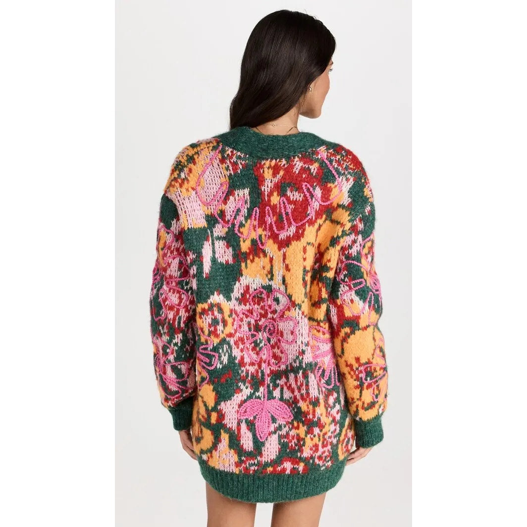 Free People Alexis Floral Long Sleeve V-Neck Cardigan Sweater Yellow Green Large