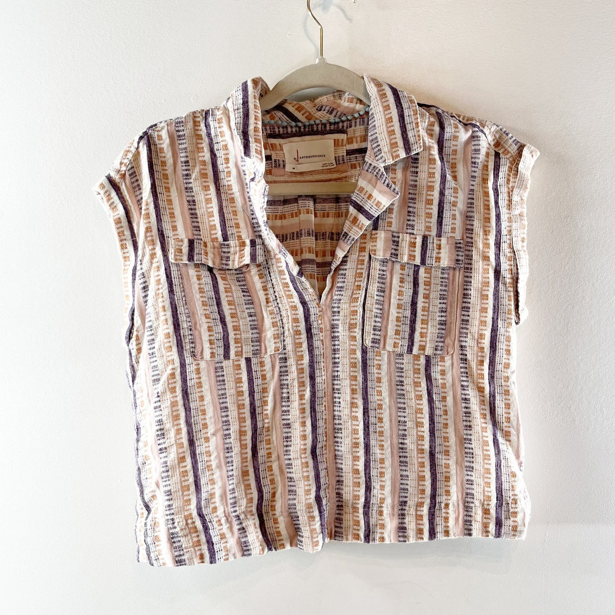 Anthropologie Cropped Short Sleeve Sleeve Striped Boxy Tee Shirt Top Cream XS