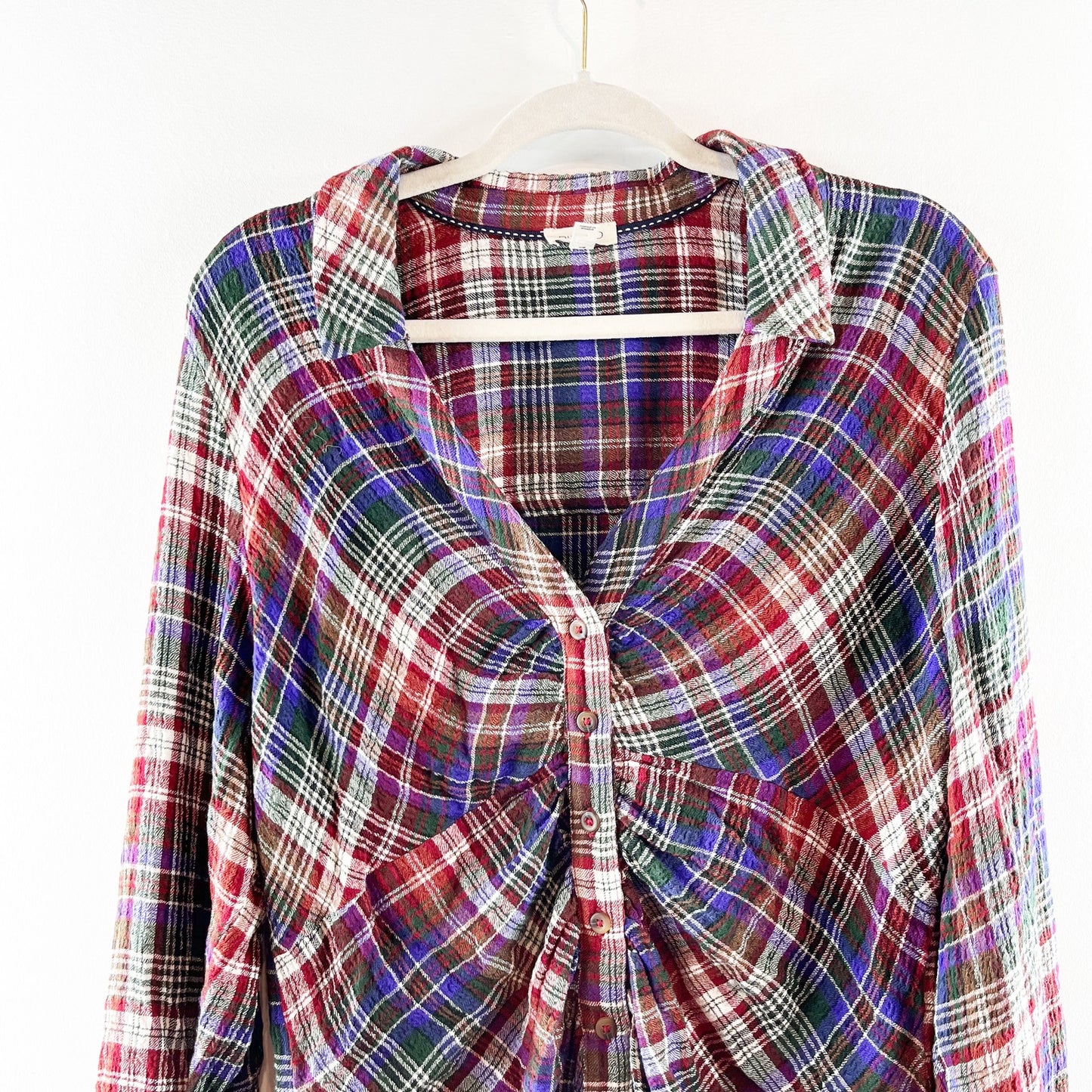 Anthropologie Pilcro Ruched Deep V Plaid Buttondown Shirt Blue Red Large