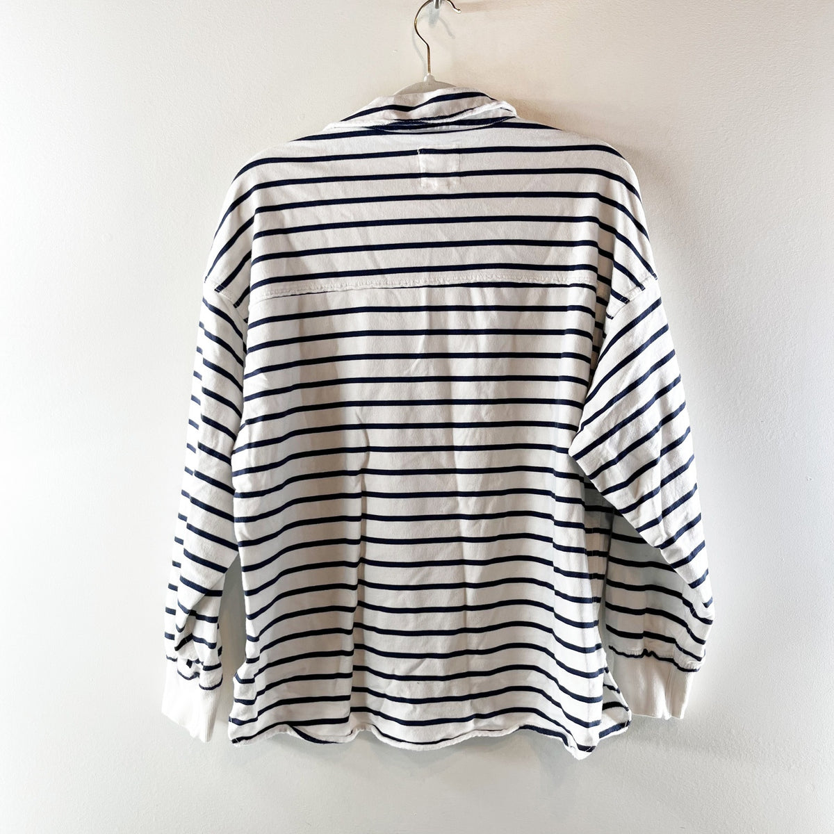 Aerie Take It Easy Long Sleeve Popover Polo Sweatshirt White Navy Small