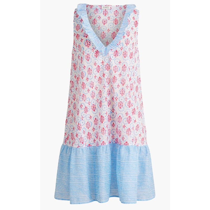 J. Crew Ruffle Tiered Mini Swim Cover Up Dress White Red Blue Medium