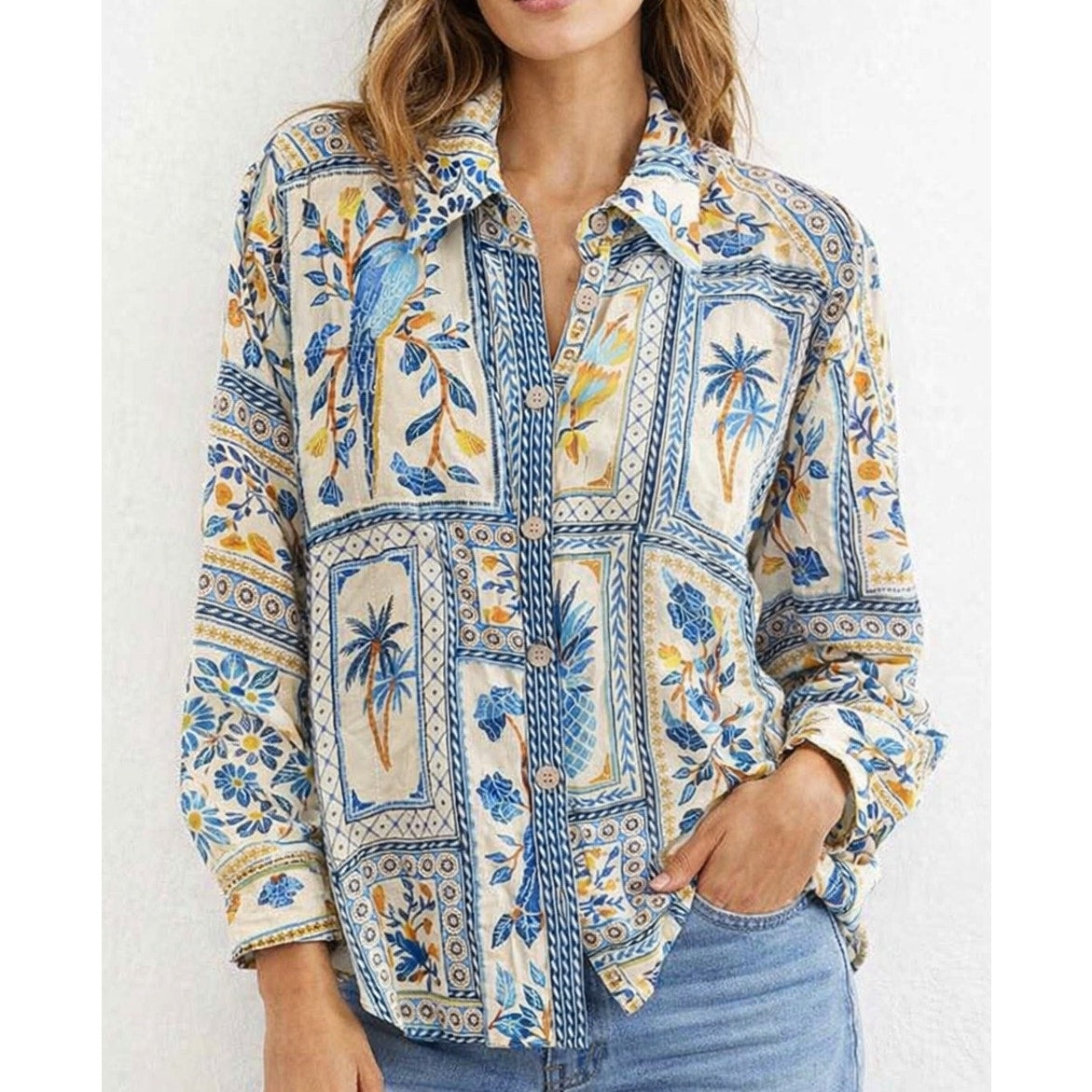 Farm Rio Long Sleeve Tropical Printed Button Down Shirt Blouse Blue Yellow XS