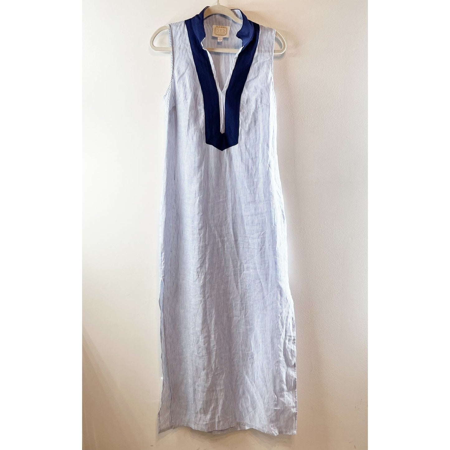 Sail to Sable V Neck Sleeveless Striped Maxi Dress Blue Small
