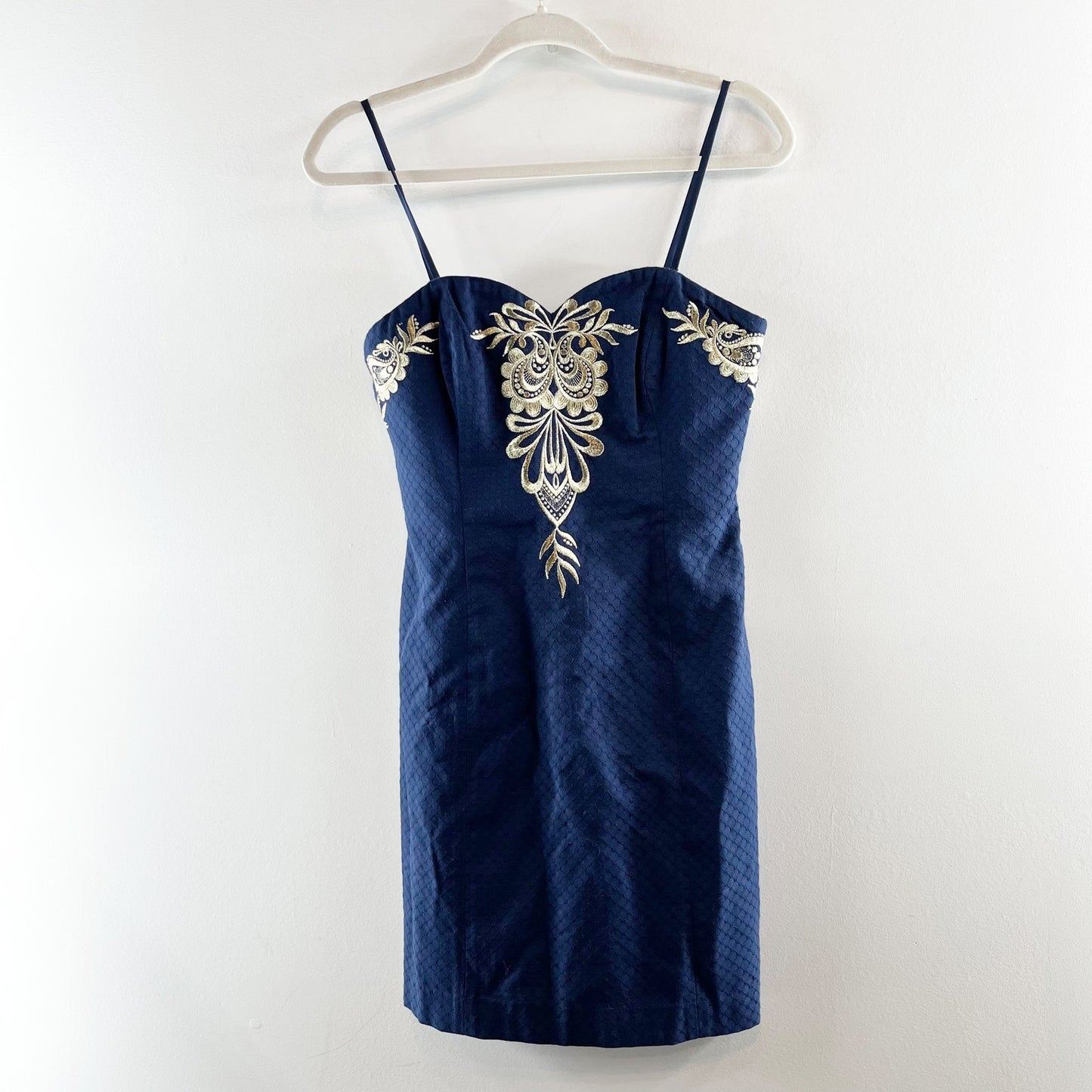 Lilly Pulitzer Demi Convertible Strapless Embroidered Mini Dress Navy Blue Gold