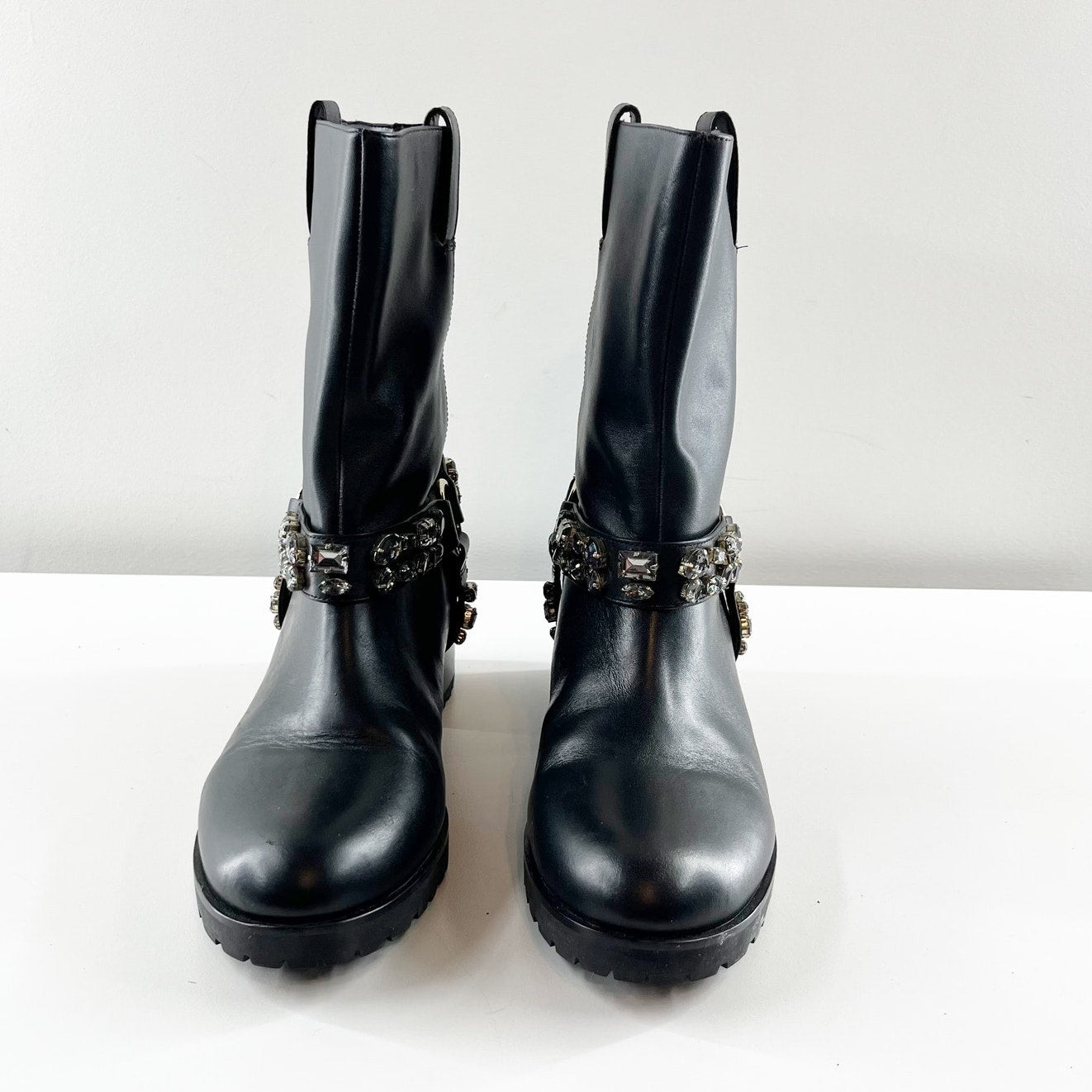 White House Black Market Leather Studded Harness Moto Boots Black 8