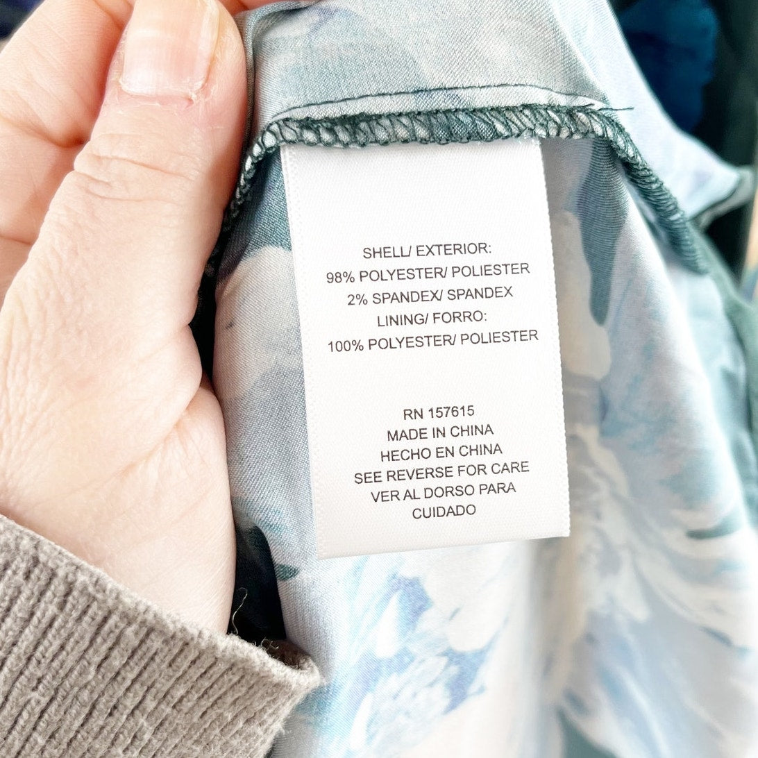 Nicole Miller Short Sleeve Satin Watercolor Floral Maxi Dress Blue Green Large