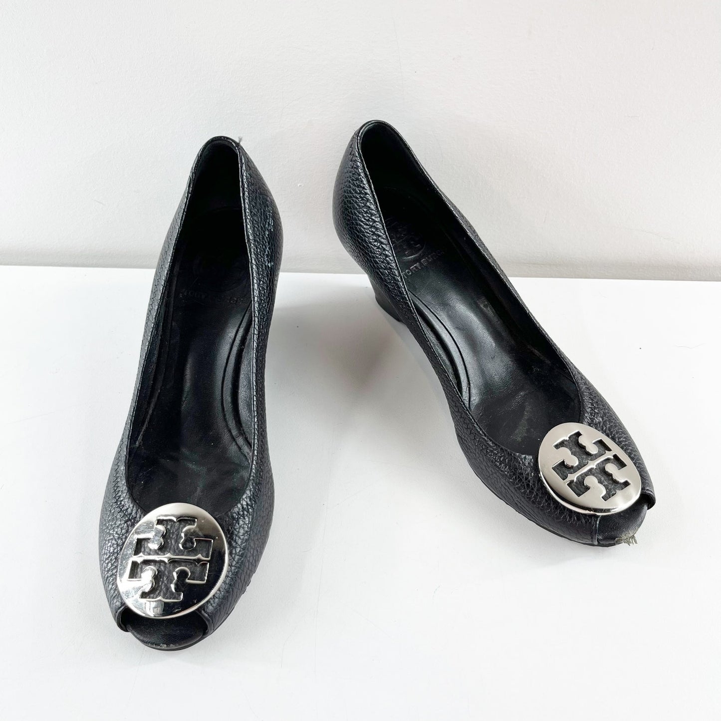 Tory Burch Sally Peep Toe Leather Wedge Pumps Shoes Black 6.5