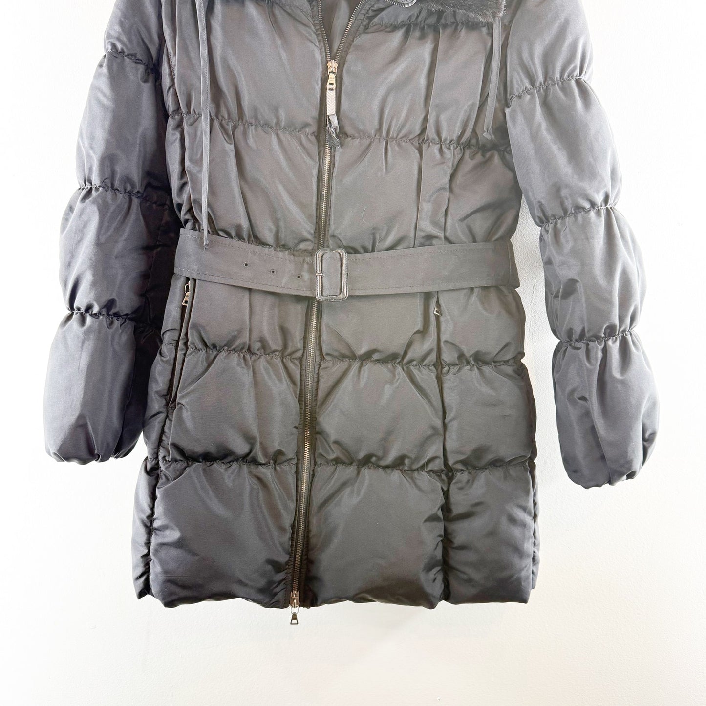 Prada Down Fur Trim Parka Puffer Coat Jacket Belted Black 42 / 12