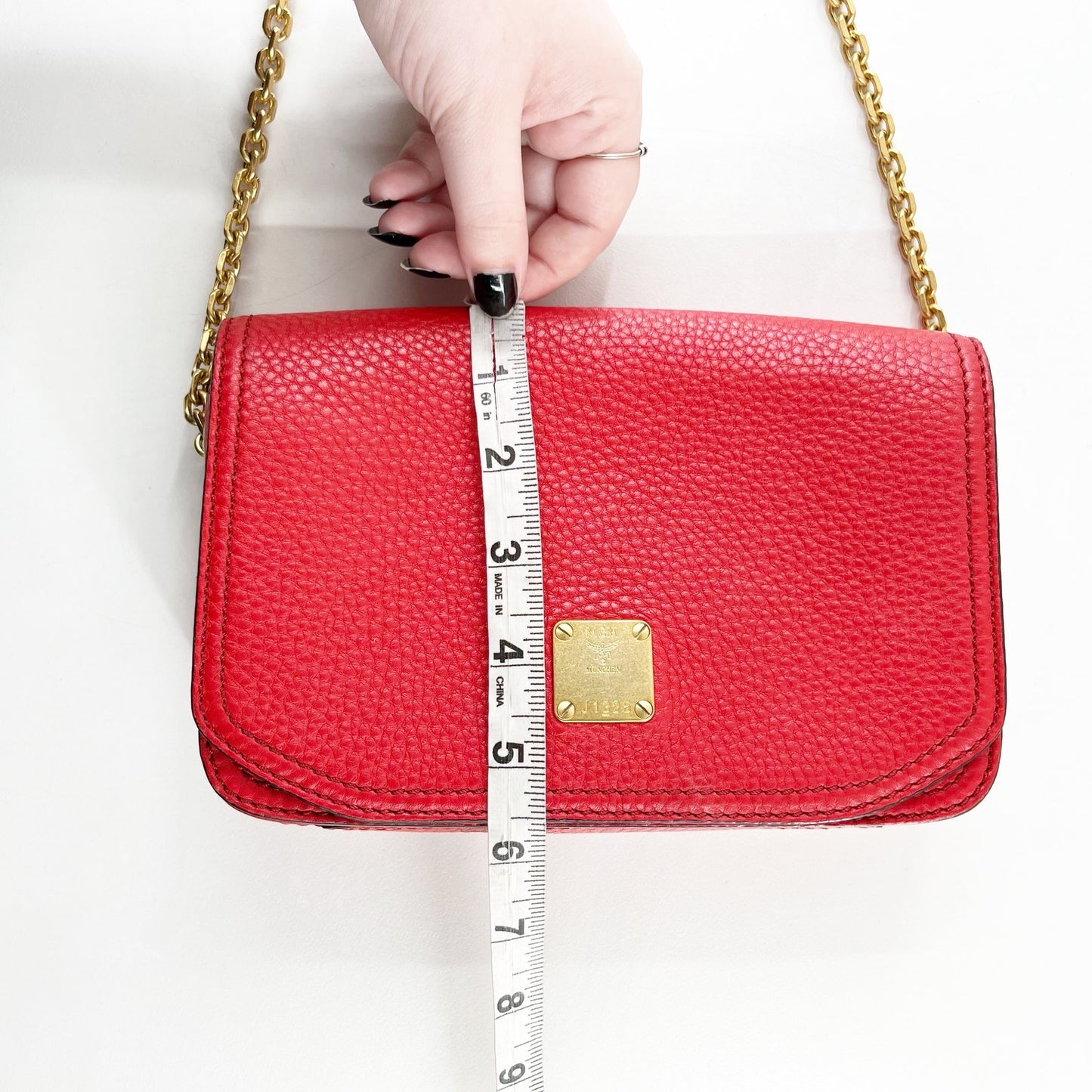 MCM Square Leather Crossbody Bag Gold Chain Flap Closure Red Gold