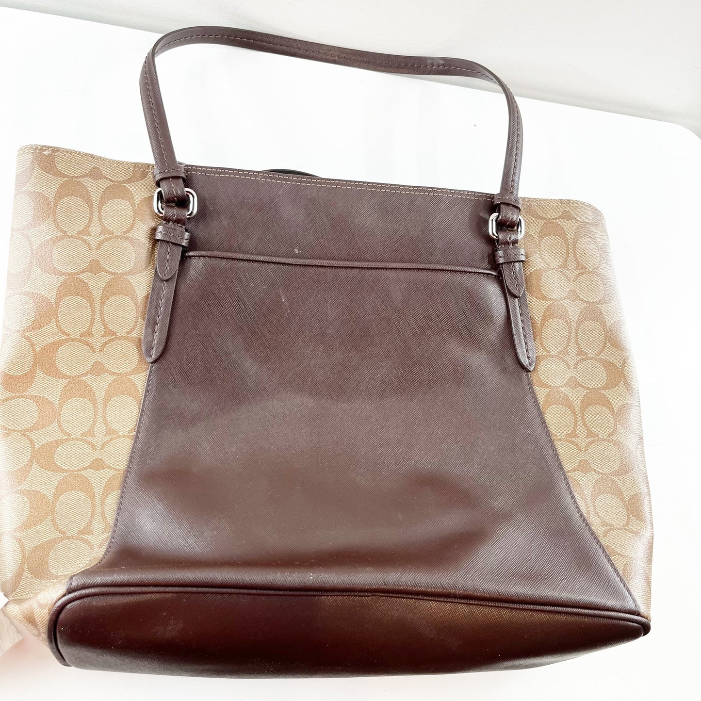 Coach Peyton Leather Canvas Signature C Tote Purse Bag Brown