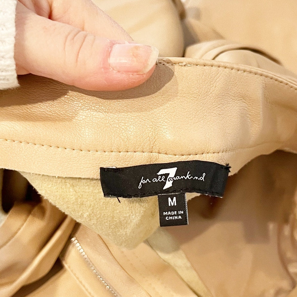 7 For All Mankind Coated Faux Leather Pleated Belted High Waist Pants Tan Medium